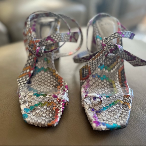 Alexandre Birman Python metallic multi color ankle tie square heel sandals - Picture 3 of 7